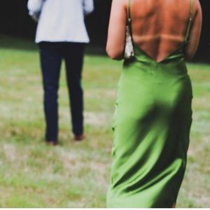 Green silk slip dress with low back